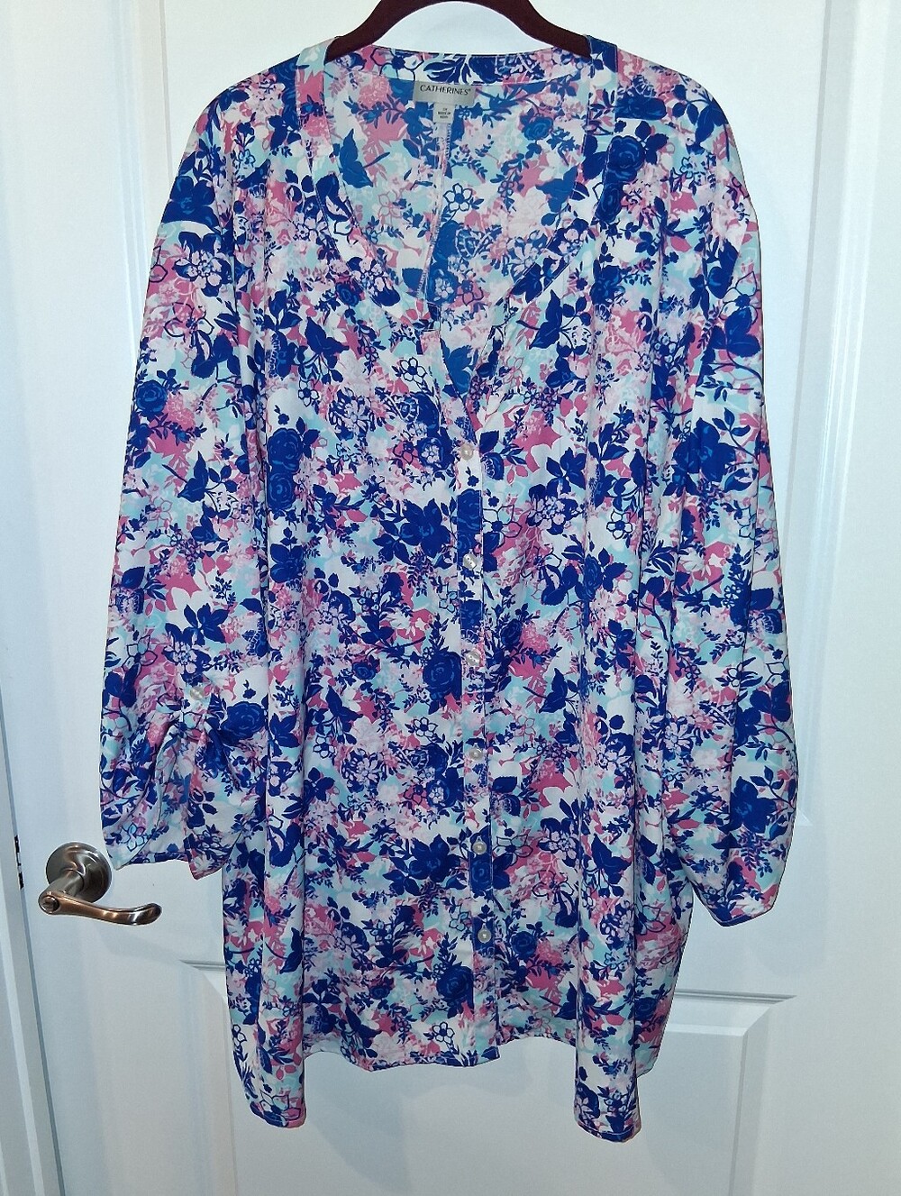 L NEW Catherines Floral Blue & Pink Tunic Top Shirt Blouse Lady's 5X PLUS